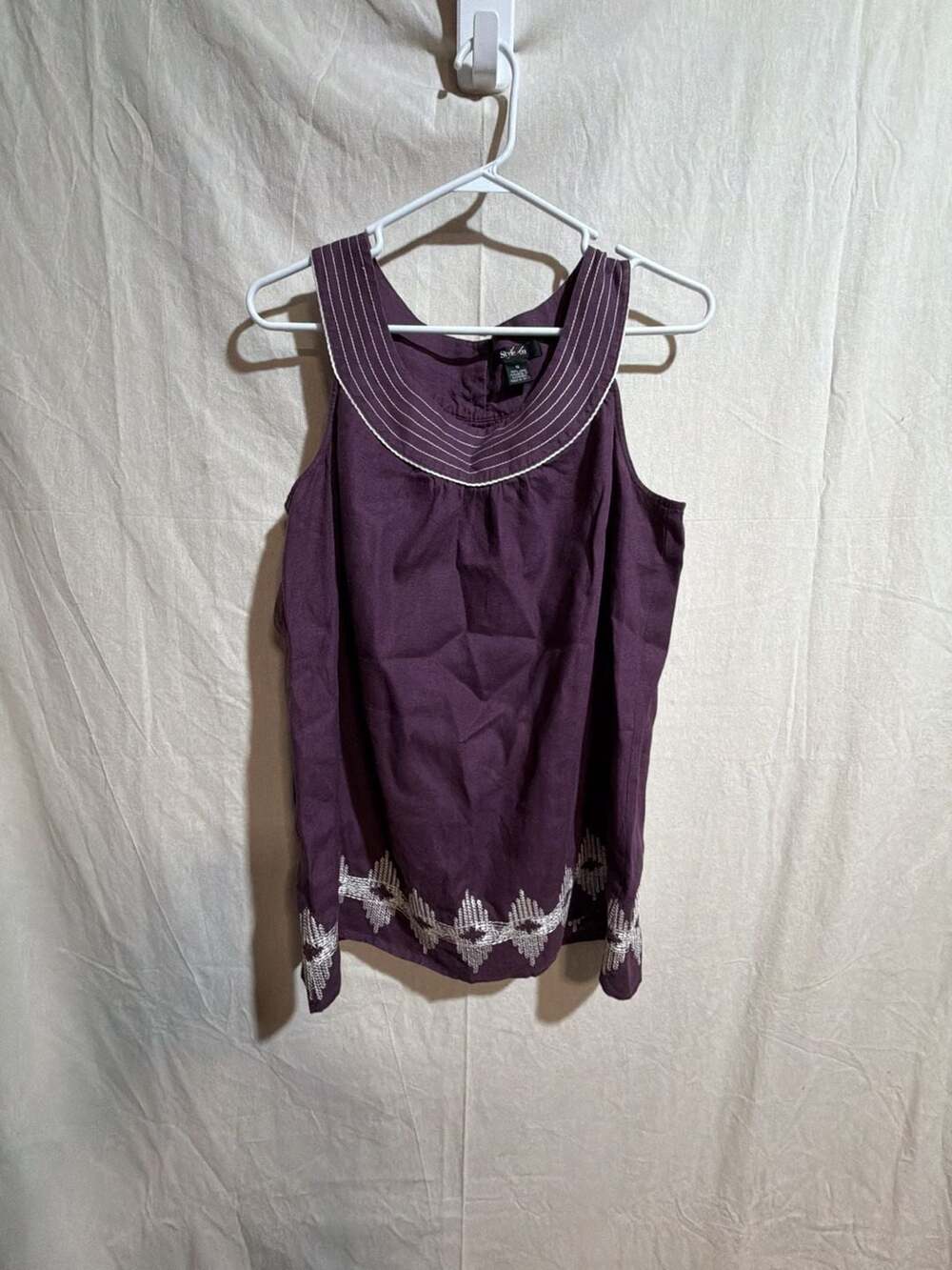 Style & Co. Women's Purple 100% Linen Sleeveless Embroidered Tank Top Size 12